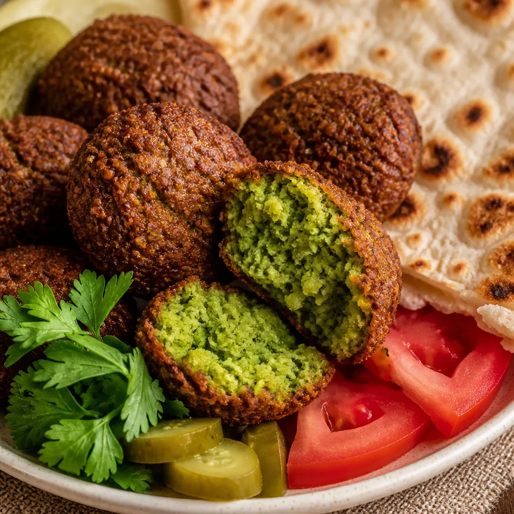 فلافل سرخ‌شده طلایی با مغز سبز
